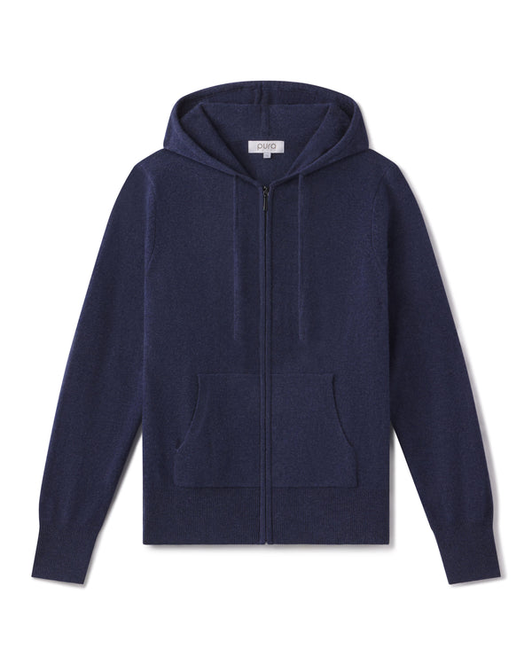 Clothing product photo: Indigo blue zip-up cashmere hoodie with front pockets and drawstring hood, laid flat on white