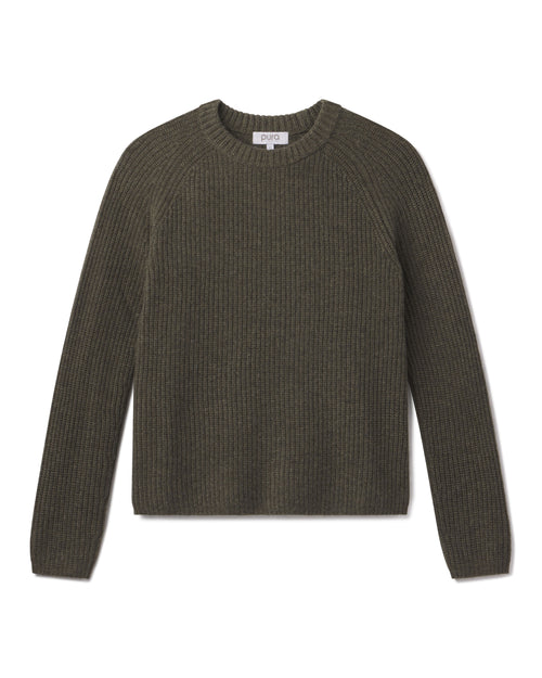 Cashmere fisherman crewneck sweater in dark olive, long sleeves, ribbed knit, laid flat on white background