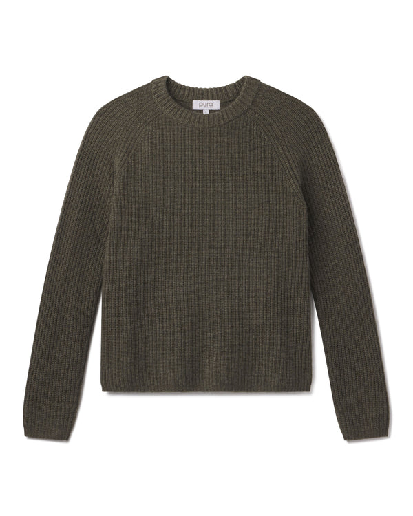 Cashmere fisherman crewneck sweater in dark olive, long sleeves, ribbed knit, laid flat on white background