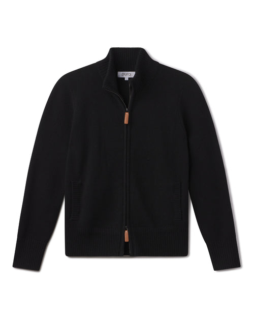 Black cashmere stand collar cardigan with zip front and ribbed cuffs and hem, laid flat on white background