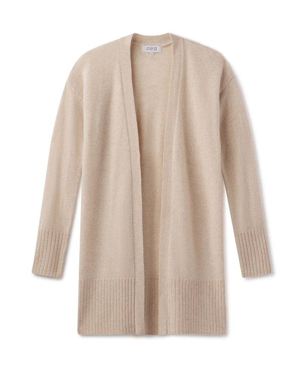 Long oatmeal-colored open-front cashmere cardigan with ribbed cuffs and hem, laid flat on white background