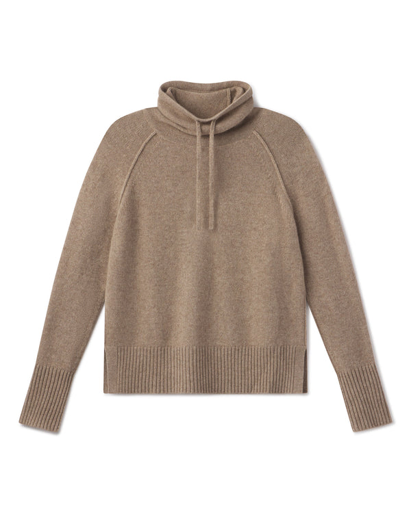Cashmere drawstring funnel neck sweater in driftwood color, long sleeves, ribbed cuffs and hem, flat lay on white background
