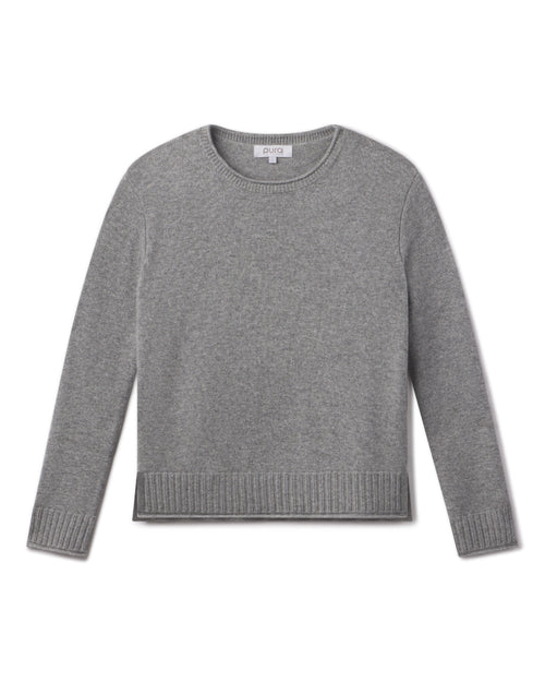 Cashmere crewneck sweater in stone gray with ribbed cuffs and hem, laid flat on white background