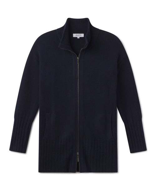 CASHMERE GARMENT: Navy blue zip-up cardigan with ribbed cuffs and hem, front pockets, and stand collar