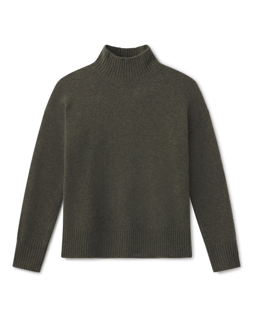 Dark olive cashmere funnel neck sweater laid flat, showing the ribbed collar, cuffs and hem