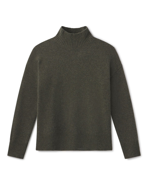 Dark olive cashmere funnel neck sweater laid flat, showing the ribbed collar, cuffs and hem