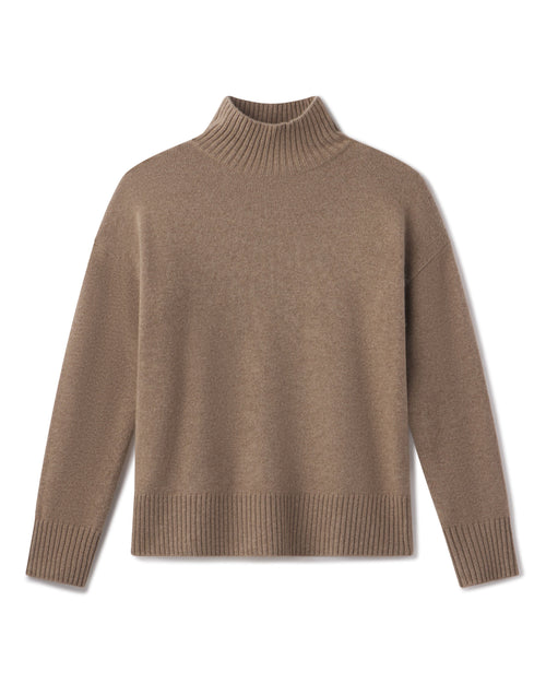Driftwood cashmere funnel neck sweater laid flat, showing the ribbed collar, cuffs and hem