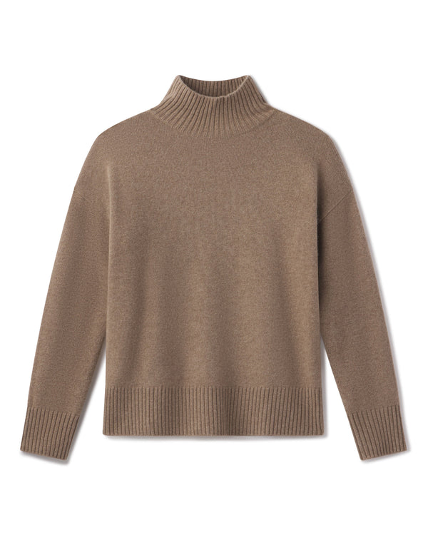 Driftwood cashmere funnel neck sweater laid flat, showing the ribbed collar, cuffs and hem