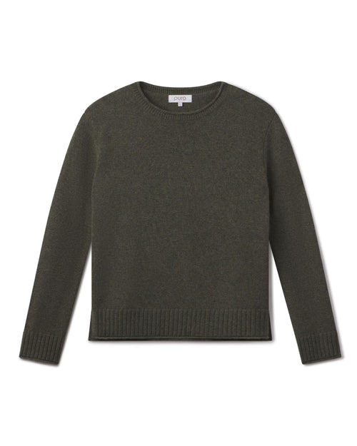 Cashmere crewneck sweater in dark olive, long sleeves, ribbed cuffs and hem, laid flat on white background