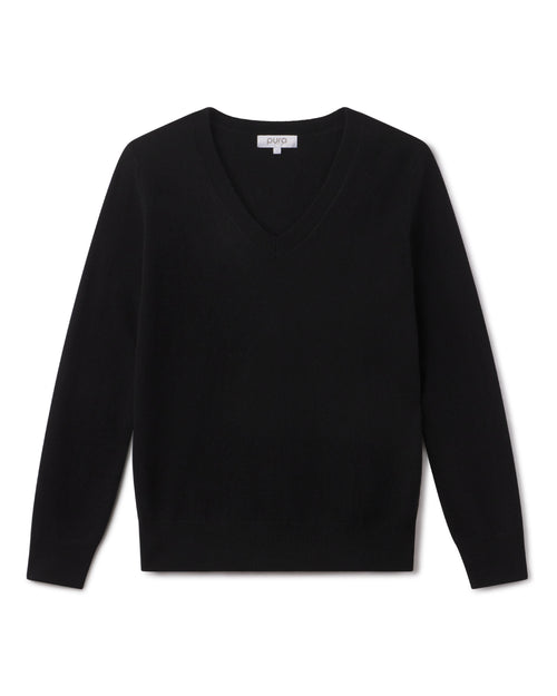 Front view image of a black V-neck cashmere sweater with long sleeves displayed flat on a white background.