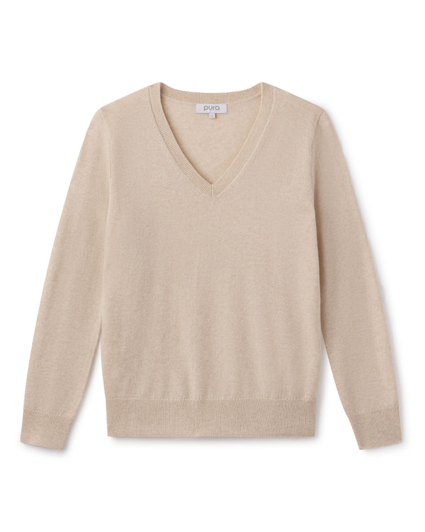 Beige oatmeal V-neck long-sleeve cashmere sweater laid flat on white background