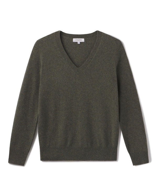 Dark olive V-neck cashmere sweater with long sleeves, laid flat on white background