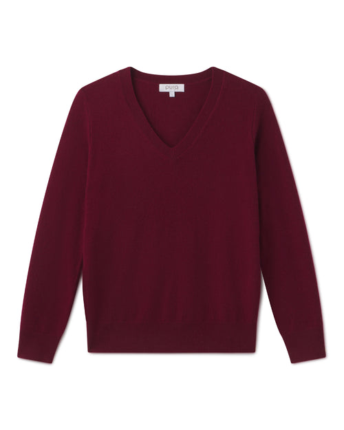Cashmere V-neck sweater in barolo color, long sleeves, laid flat on white background
