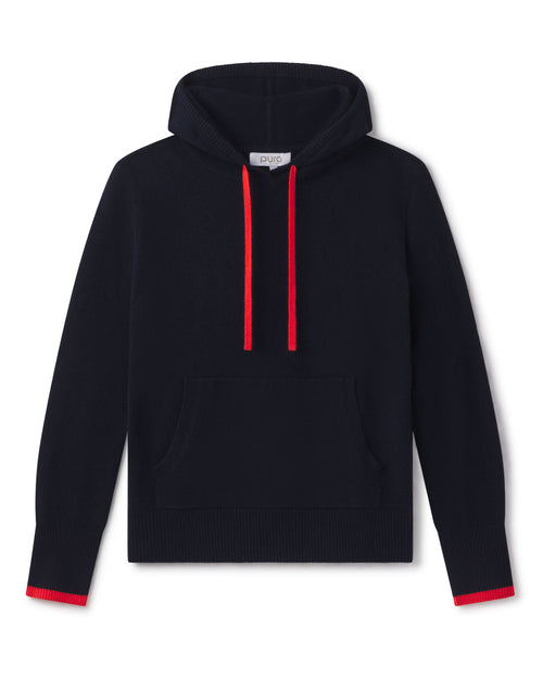 CASHMERE HOODIE navy with orange drawstrings and orange trim on cuffs, front kangaroo pocket, long sleeves, pullover style