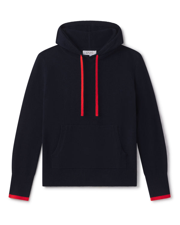 CASHMERE HOODIE navy with orange drawstrings and orange trim on cuffs, front kangaroo pocket, long sleeves, pullover style