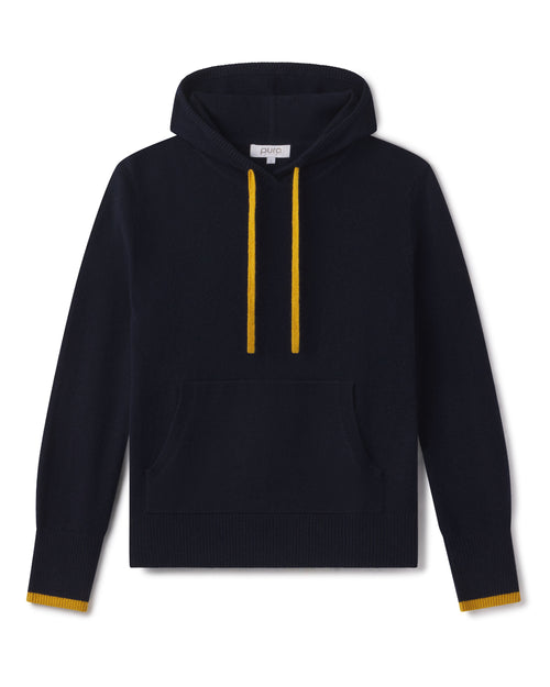 CASHMERE HOODIE: Navy blue with gold drawstrings and gold trim on cuffs, front kangaroo pocket, long sleeves, ribbed hem