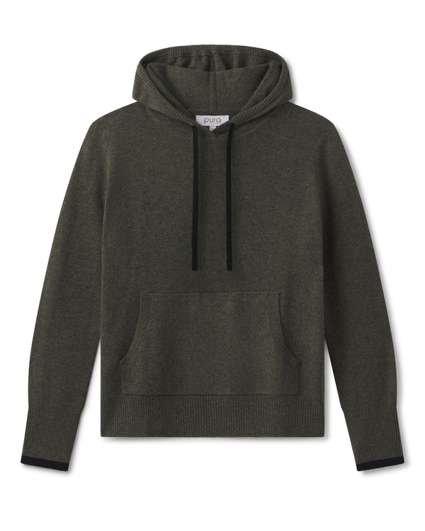 Dark olive cashmere hoodie with black drawstrings and kangaroo pocket, ribbed cuffs and hem, flat lay on white background