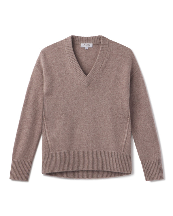 Cashmere V-neck sweater in latte color, long sleeves, ribbed cuffs and hem, flat lay on white background