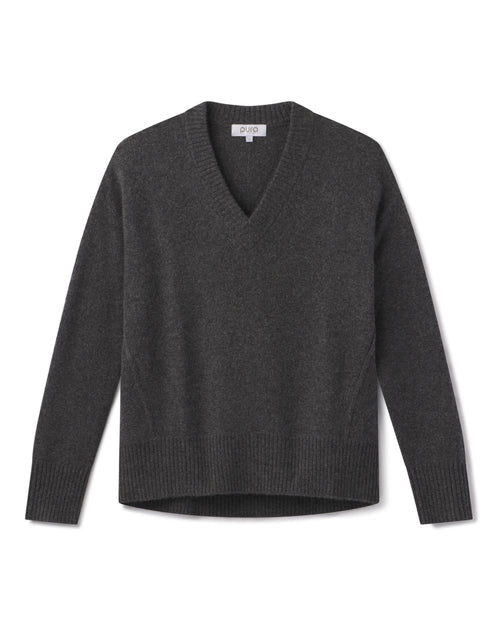 Cashmere V-neck sweater in charcoal gray, long sleeves, ribbed cuffs and hem, flat lay on white background