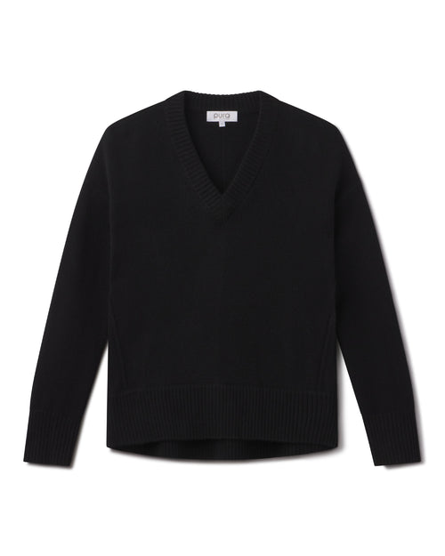 Black V-neck cashmere sweater with long sleeves, ribbed cuffs and hem, laid flat on white background
