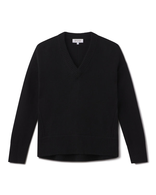 Black V-neck cashmere sweater with long sleeves, ribbed cuffs and hem, laid flat on white background