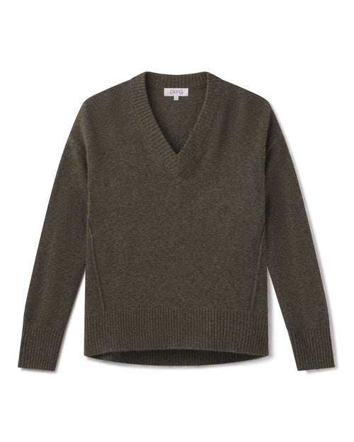 Cashmere V-neck sweater in army green with long sleeves and ribbed cuffs and hem, laid flat on white background