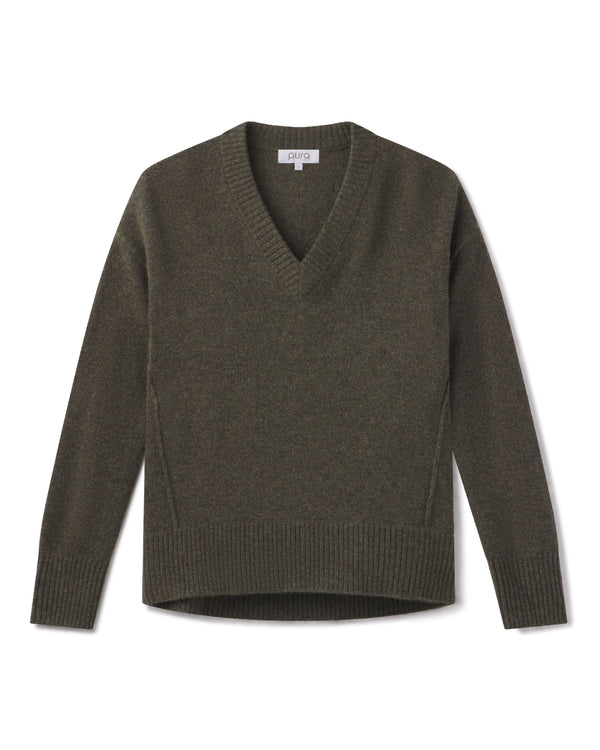 Cashmere V-neck sweater in army green with long sleeves and ribbed cuffs and hem, laid flat on white background