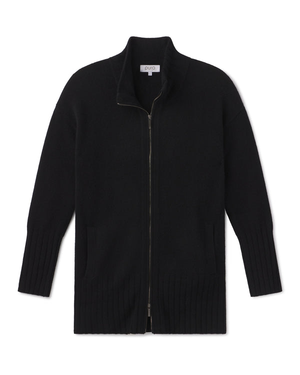 Black full-zip cashmere cardigan with ribbed cuffs and hem, displayed flat on white background