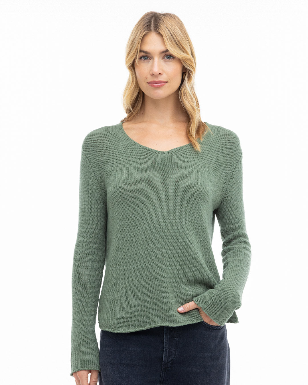 Cotton Round Edge V-Neck - Olive | Pura Cashmere Cotton Round Edge V-Neck - Olive | Pura Cashmere