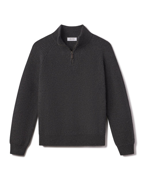 Men's dark gray half-zip cashmere sweater with ribbed cuffs and collar, laid flat on white background