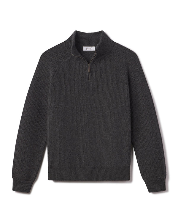Men's dark gray half-zip cashmere sweater with ribbed cuffs and collar, laid flat on white background