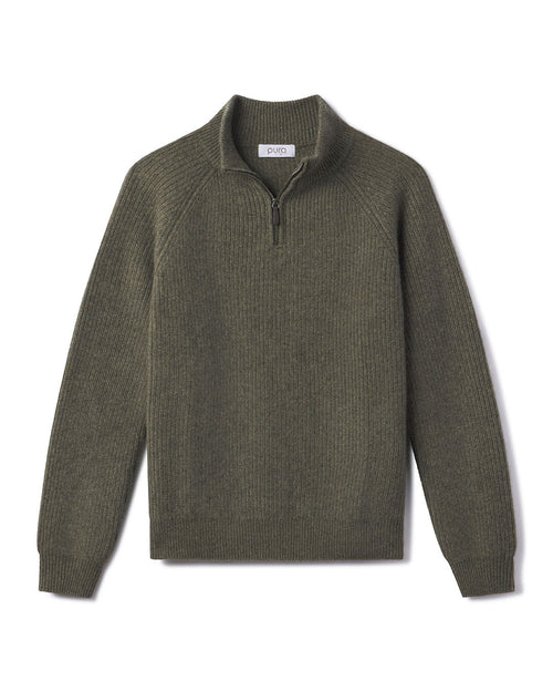 Men's olive green ribbed cashmere half-zip sweater with long sleeves and stand collar, laid flat on white background