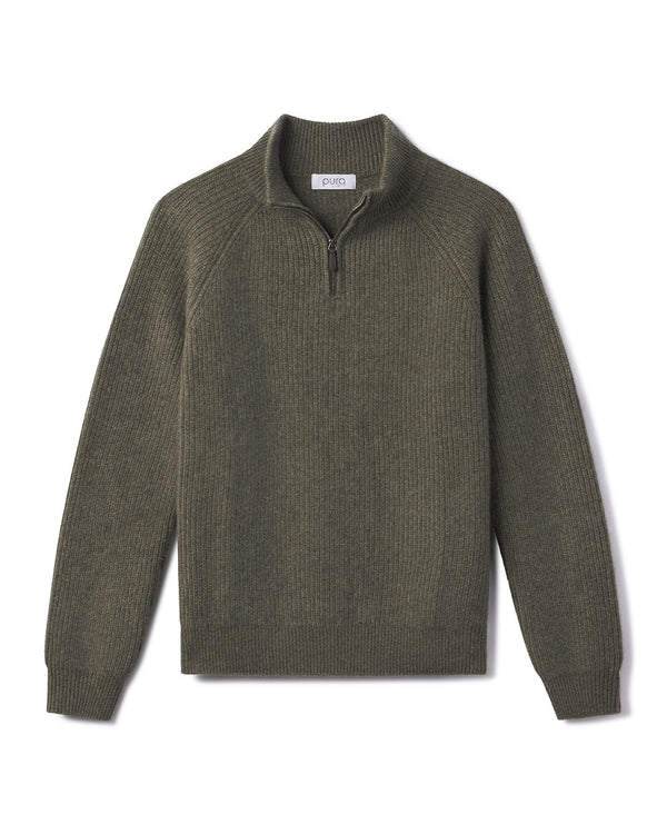 Men's olive green ribbed cashmere half-zip sweater with long sleeves and stand collar, laid flat on white background