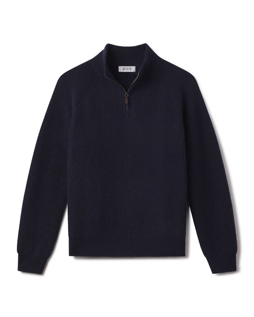 Men’s black cashmere half-zip sweater with ribbed texture, long sleeves, and stand collar, laid flat on white background