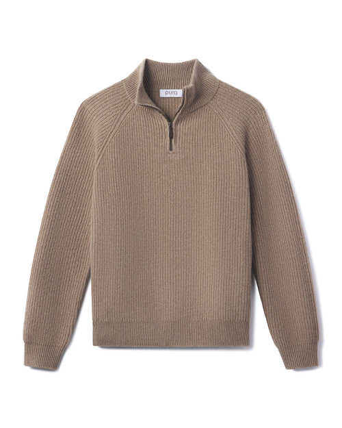 Men's beige half-zip cashmere sweater with ribbed knit texture and long sleeves, laid flat on white background