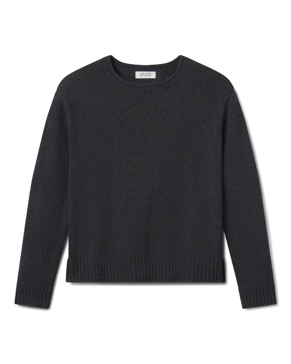 Cashmere crew neck sweater in charcoal gray, long sleeves, ribbed cuffs and hem, laid flat on white background