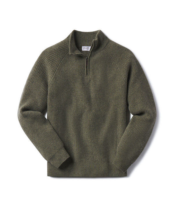 Men's olive green half-zip ribbed cashmere sweater laid flat on white background