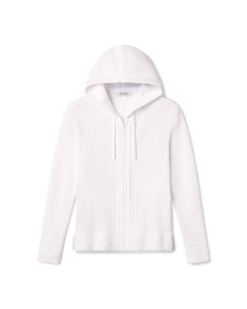White cotton zip-up hoodie with hood and drawstrings, ribbed cuffs and hem, laid flat on white background