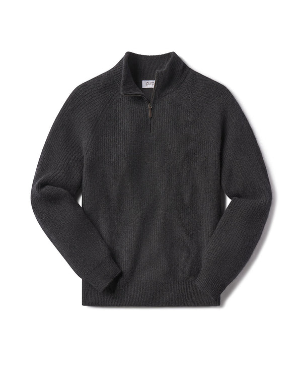 Men's dark gray cashmere half-zip sweater laid flat, showing ribbed knit texture and long sleeves
