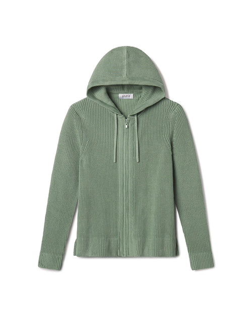 Apparel product image: sage green ribbed cotton zip-up hoodie with hood and drawstrings, laid flat on white background