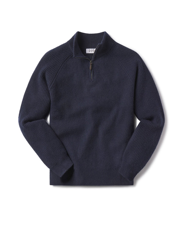 Men's navy blue half-zip ribbed cashmere sweater laid flat on white background