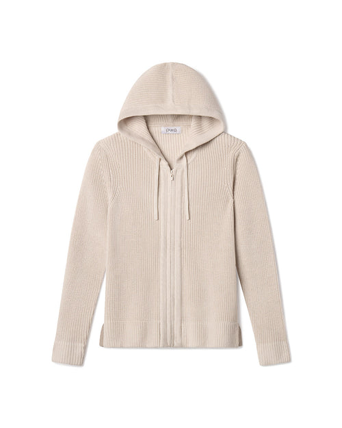 Cashmere zip-up hoodie in oatmeal color with hood and drawstrings, ribbed knit texture, laid flat on white background