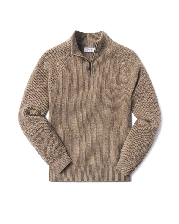Men's beige ribbed cashmere half-zip sweater laid flat on white background