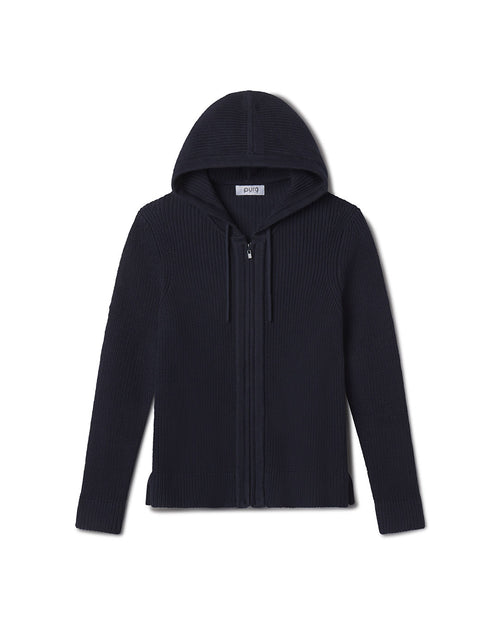 Navy blue cotton zip-up hoodie with ribbed texture and drawstring hood, laid flat on white background