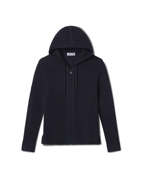 Navy blue cotton zip-up hoodie with ribbed texture and drawstring hood, laid flat on white background