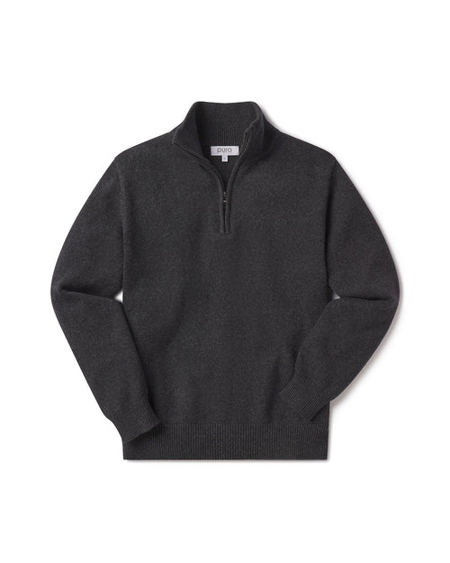 Men's dark gray half-zip sweater laid flat, ribbed cuffs and hem, visible zipper, plain knit texture