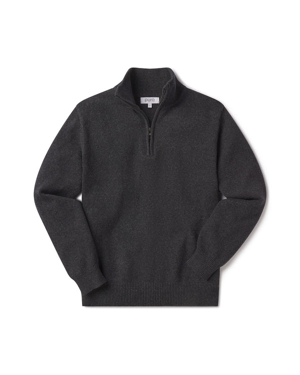 Men's dark gray half-zip sweater laid flat, ribbed cuffs and hem, visible zipper, plain knit texture