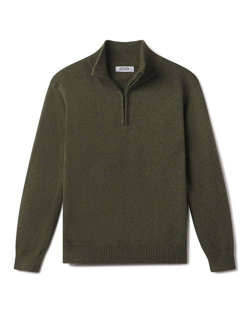 Front flat lay image of a men's olive green half-zip cotton sweater with a stand collar and ribbed edges