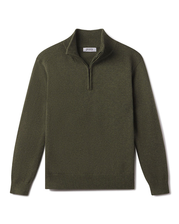 Front flat lay image of a men's olive green half-zip cotton sweater with a stand collar and ribbed edges