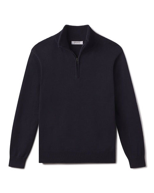 Men's black half-zip cotton sweater with ribbed cuffs and hem, laid flat on white background